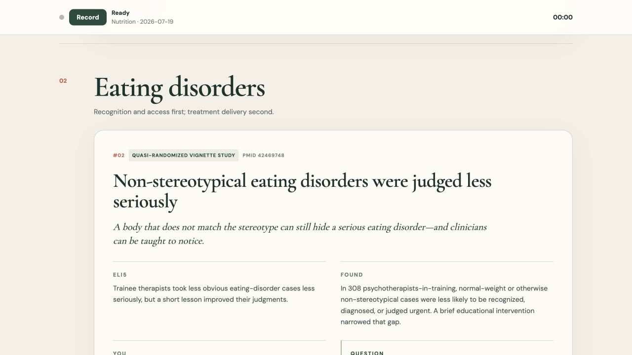 A selected PubMed research card with a human hook followed by ELI5 and Found sections.